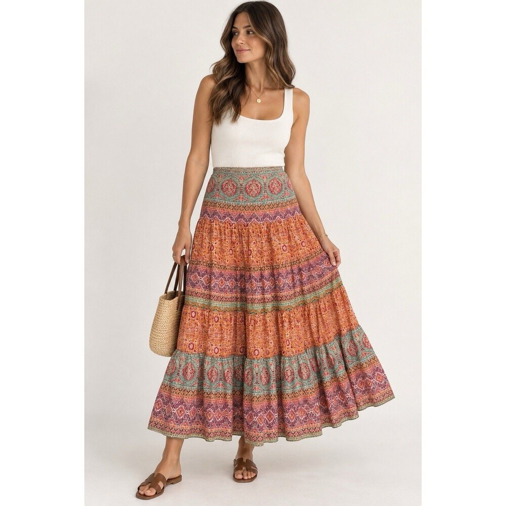 LAUREN Ralph Lauren Womens Paisley Tiered Cotton Maxi Skirt Boho M Cottagecore